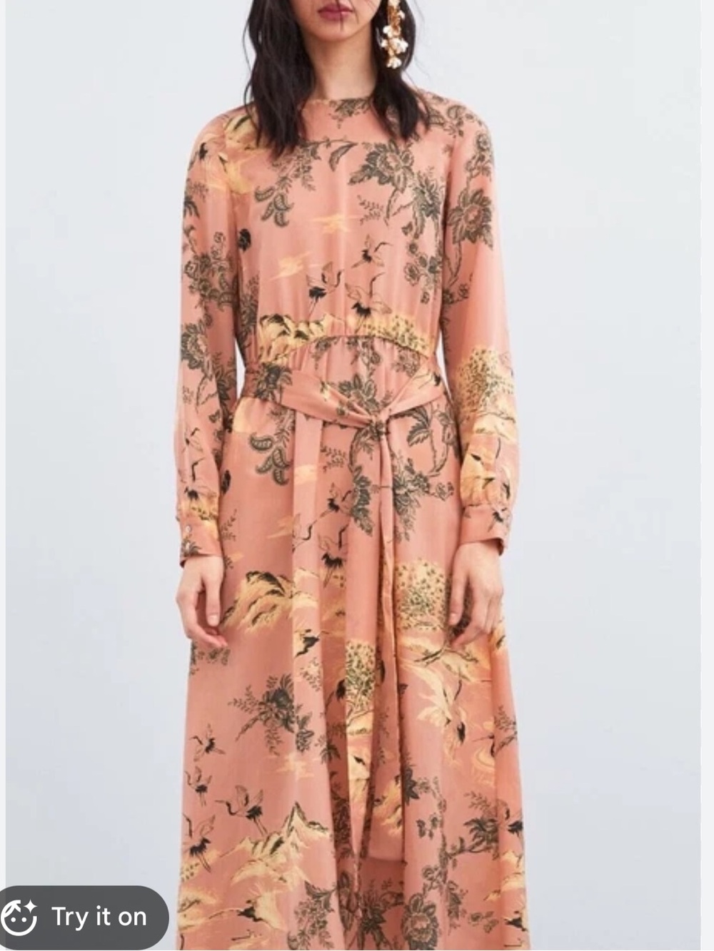 Zara Salmon Pink Satin Oriental bird Print Midi Dress US size M